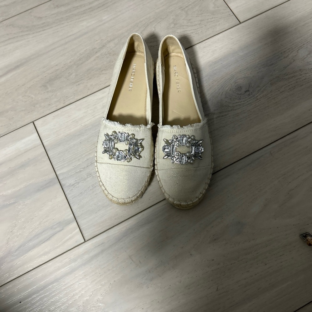 Marc Fisher Cream Espadrille Slip-On with Decorative Crystal Medallion